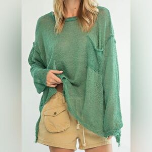 Easel Green Knit Oversized Lightweight Pullover